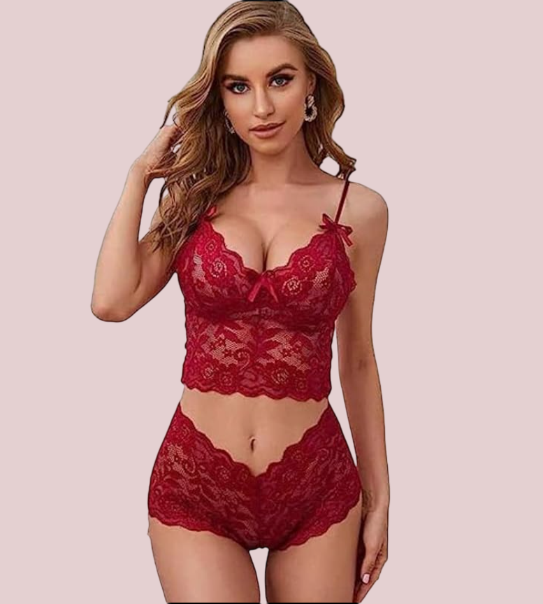 Floral Lace Lingerie Set in Red color